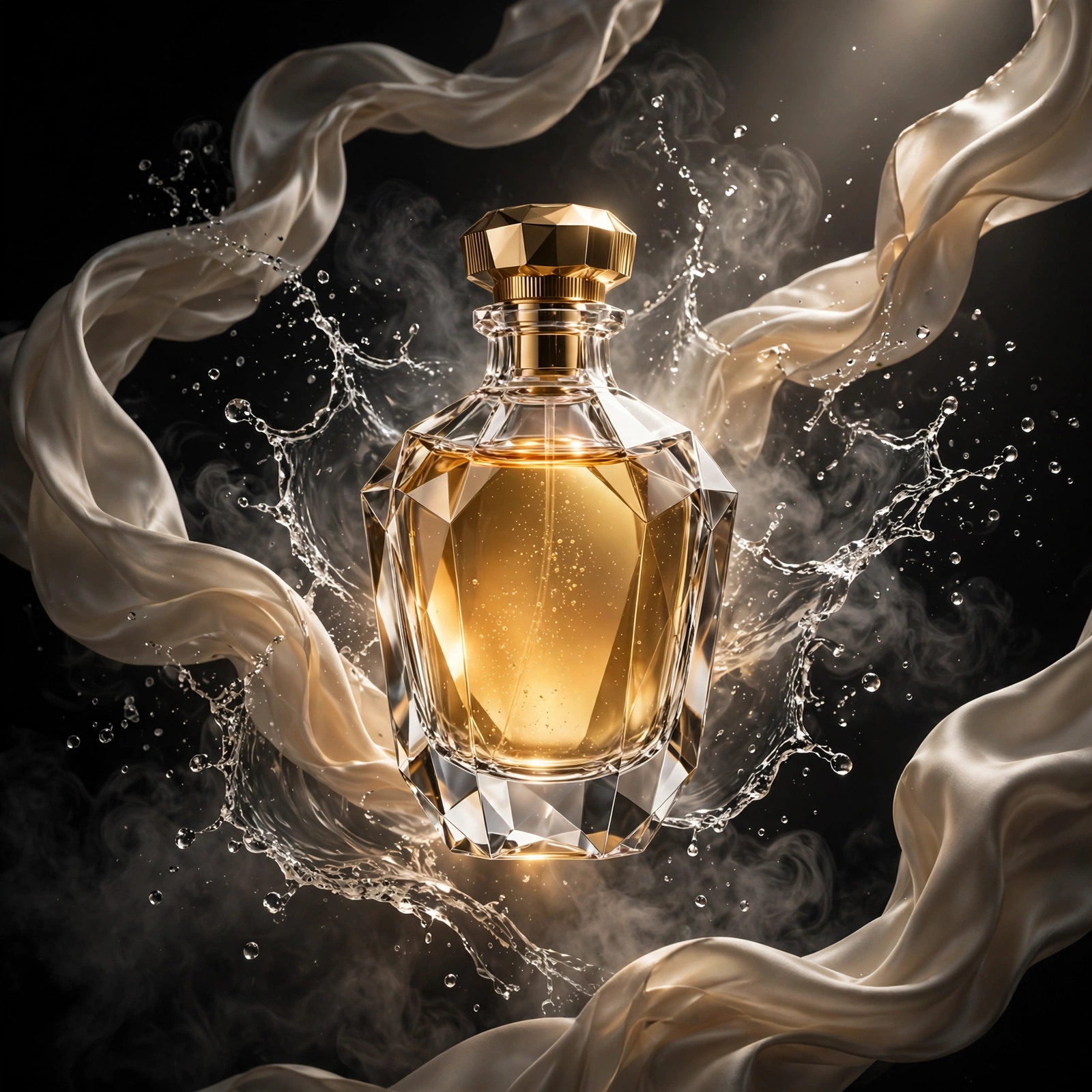 Golden perfume, faceted glass — AI-generated example