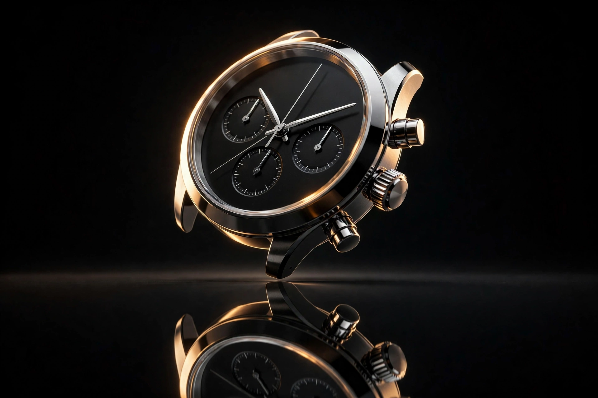 Floating chronograph, dramatic rim light — AI-generated example